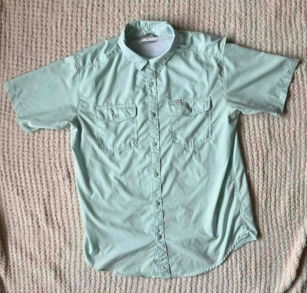 Columbia PFG Fishing Shirt Mens Large Green Short Sleeve Vented Outdoor